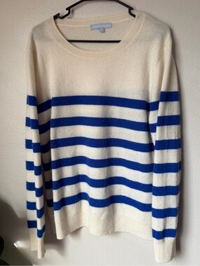 Antonio Melani Cream and Blue Striped Cashmere Crewneck Sweater XL Preppy